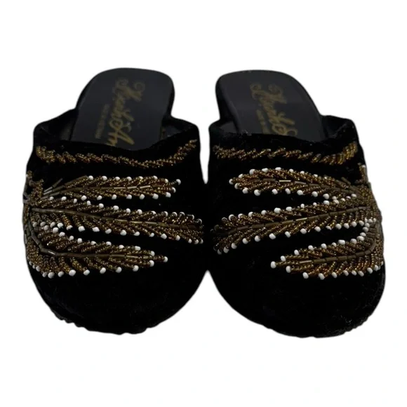 Huma Blanco HAND BEADED Slippers Black Velvet Elegant Beaded size 9 US women - Picture 3 of 8